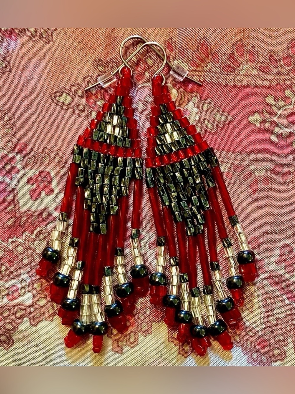 Handmade Miyuki Twisted Hex
Red Hematite Beaded Fringe Cascade Dangle Earrings